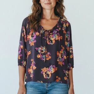 APOSTROPHE | Navy Rich Floral Ruffle Collar Keyhole Tie Neck Blouse size Small